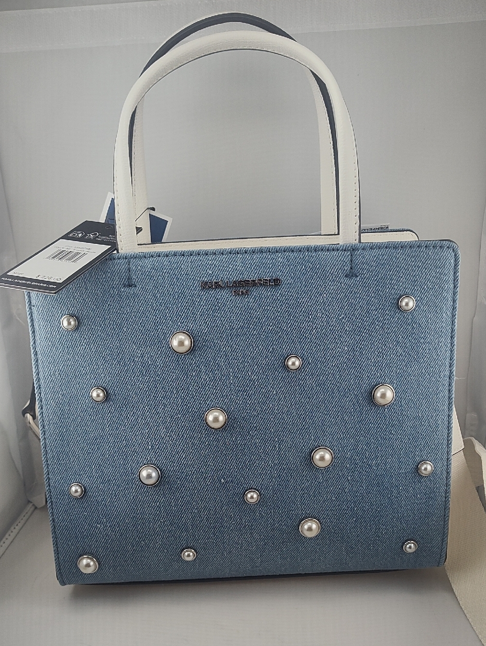 Karl Lagerfeld Denim and Leather tote bag Pearl Embellished Light Blue NWT $228 - Picture 2 of 15